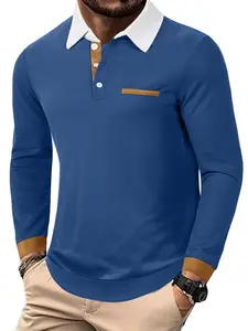 Men's Colorblock Lapel Long Sleeve Polo Shirt, Business Casual Patchwork Neckline Sleeve Pockets, Mid Youth Commute Top