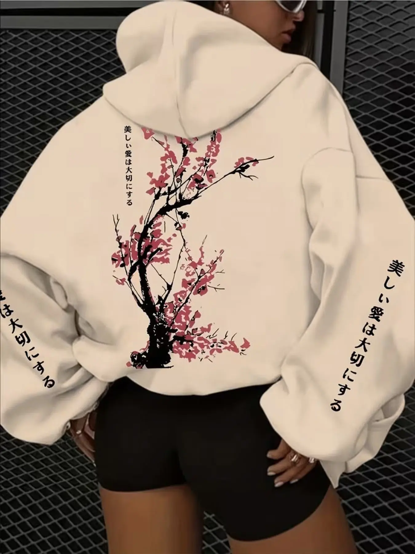Women's Cherry Blossom Print Hoodie, Japanese Casual Style, Fashion Drawstring Pocket Hooded Sweatshirt, Fall Winter Outerwear