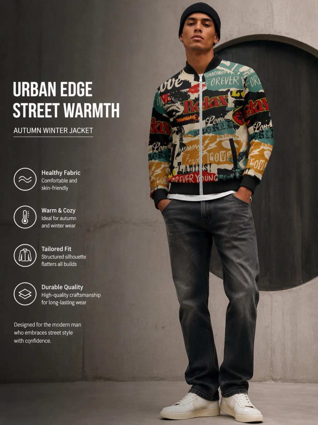 Men's Multi-Color Newspaper Patchwork Full Zip Pilot Jacket, Vintage Ripped Poster Print Letter Baseball Collar Sport Jacket