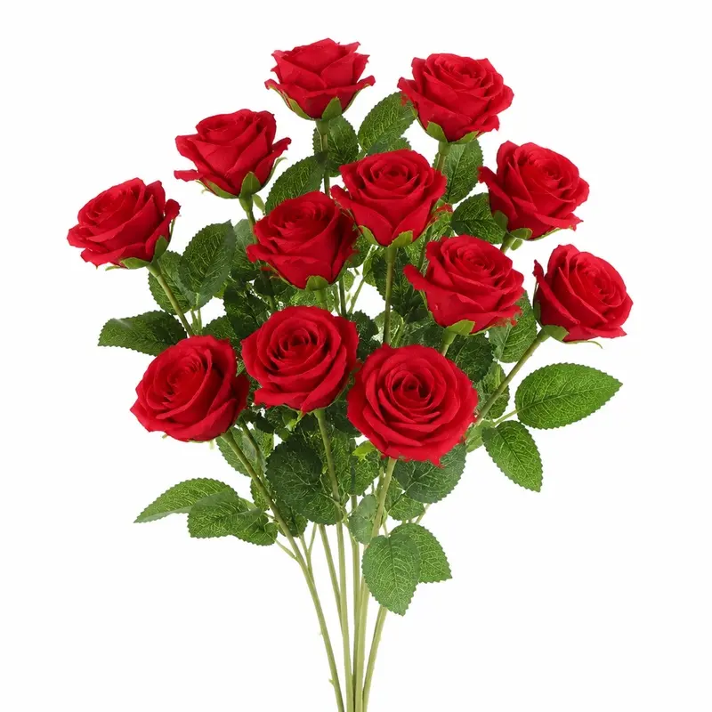 12/24pcs Long-Stem Silk Artificial Roses Bulk Bouquet, Realistic Fake Flowers for Wedding Table Centerpieces & Home Decor (Red)