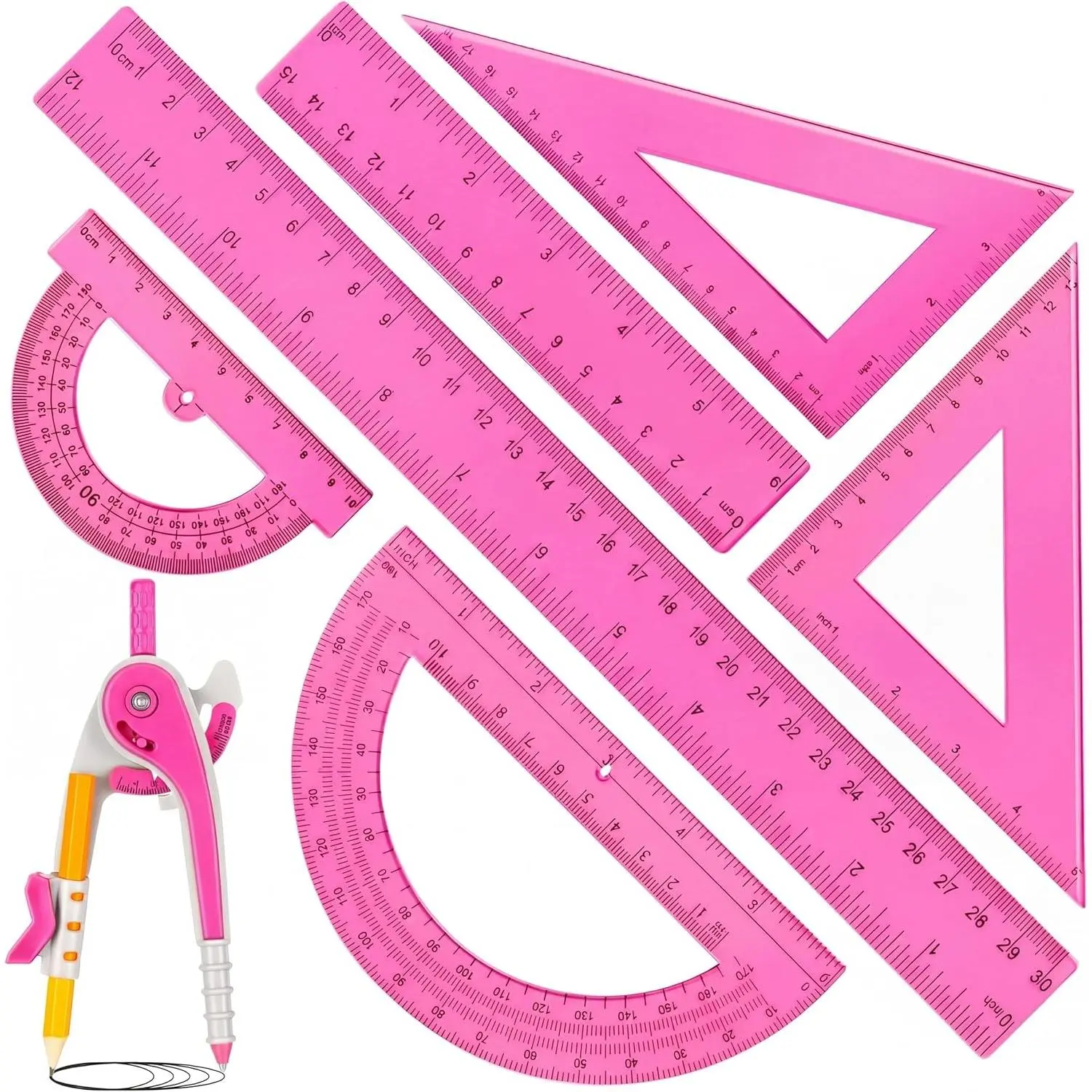 1 Set Plastic Geometry Math Set 7 Pcs Includes 6'' / 4 '' Protractor, Drawing Compass, 45/60 Degree Triangle Rulers, 12'' / 6'' Math Ruler Transparent for Office Supplies(Pink)