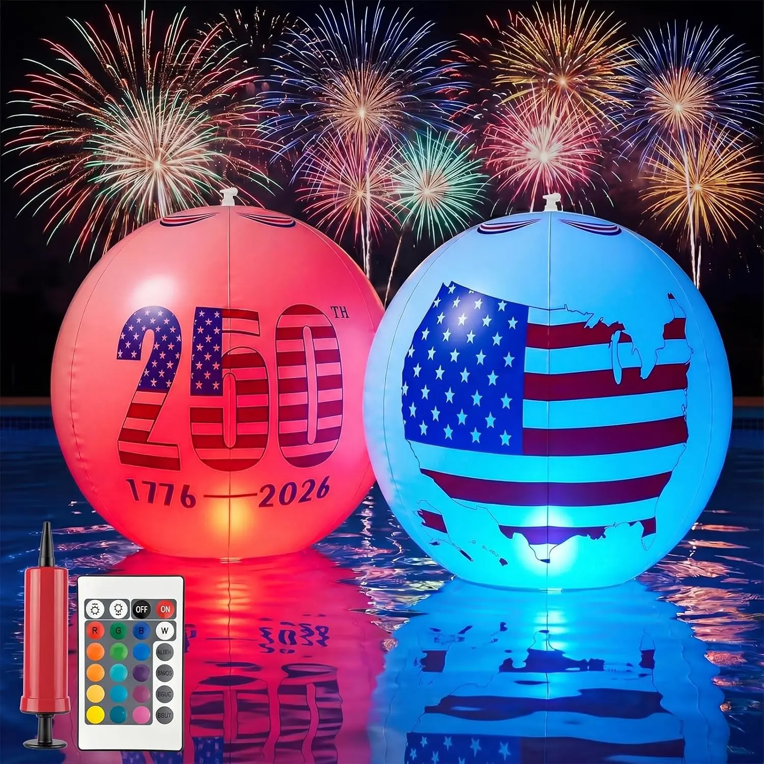 2 Pack Solar Floating Pool Lights 16", America 250th Anniversary Decorations, Patriotic Light Up Inflatable Beach Balls with Remote, Color Changing IP68 Waterproof Pool Decor for 4th of July Party