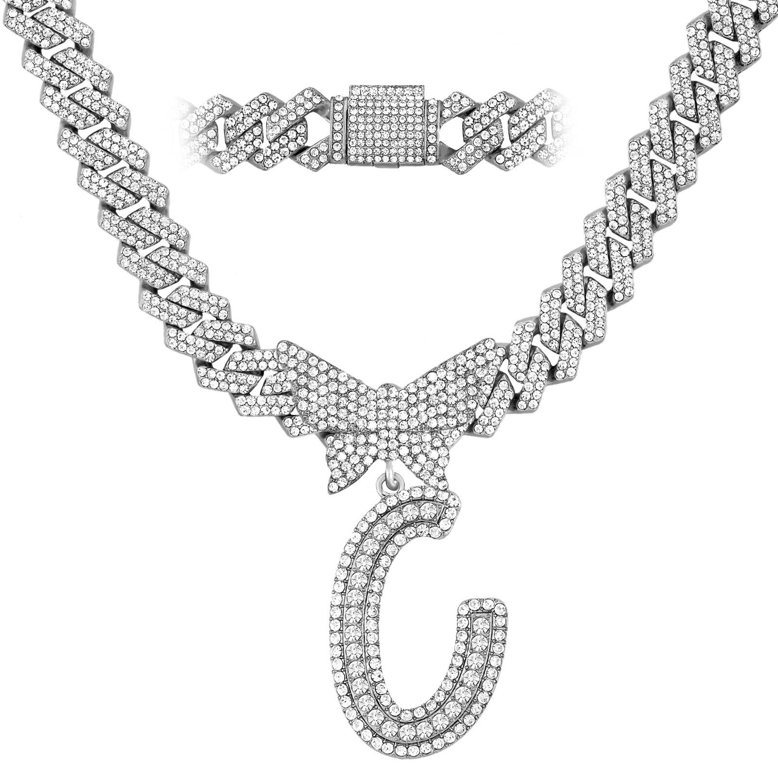 Iced Out Bling Butterfly Letter Pendant Necklace For Women AAA Rhinestone Paved Prong Cuban Chain Initial Necklaces Punk Jewelry