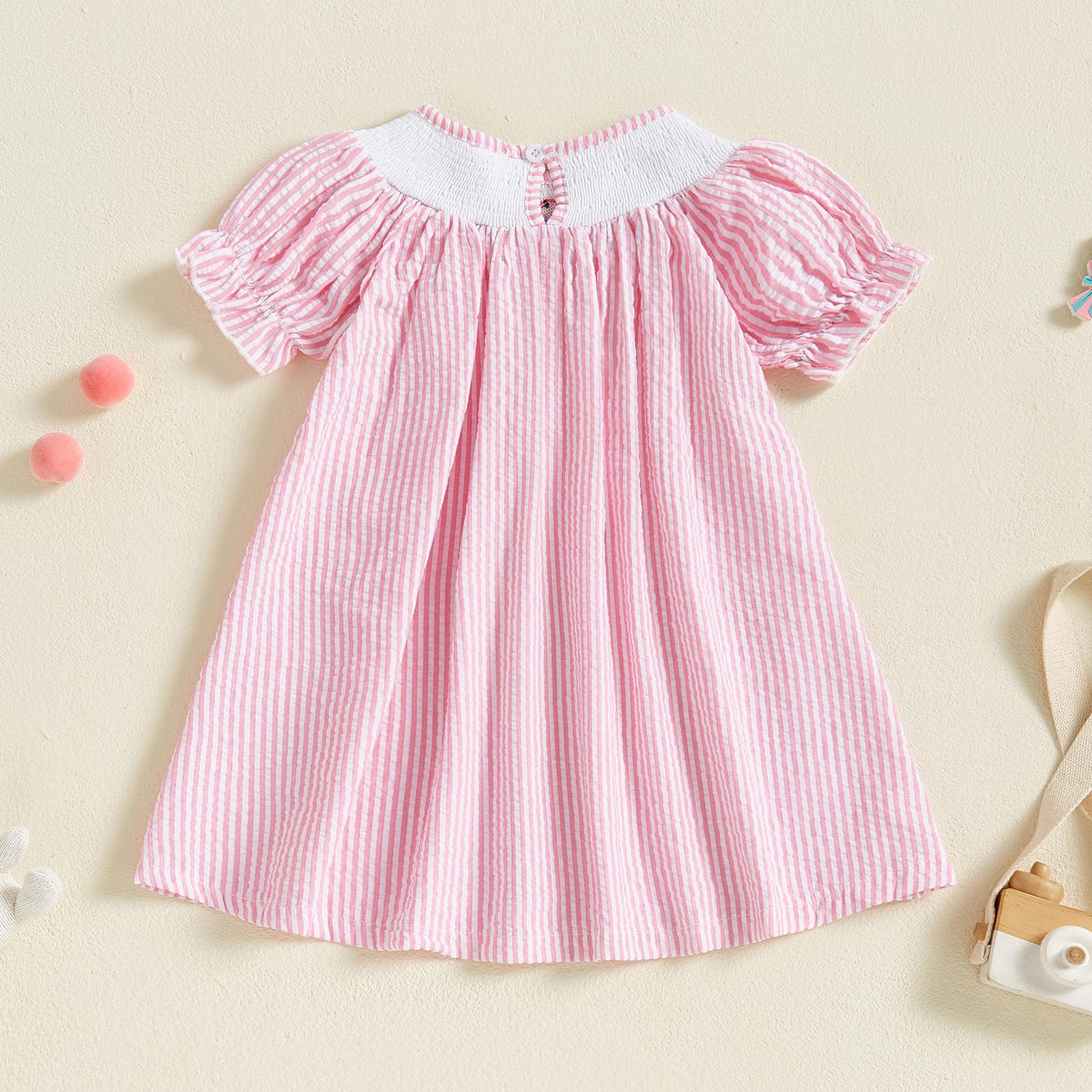 Easter Sister Matching Clothes Toddler Girl Easter Romper/Dress Short Puff Sleeve Stripes Print Smocked Bodysuit/Dress