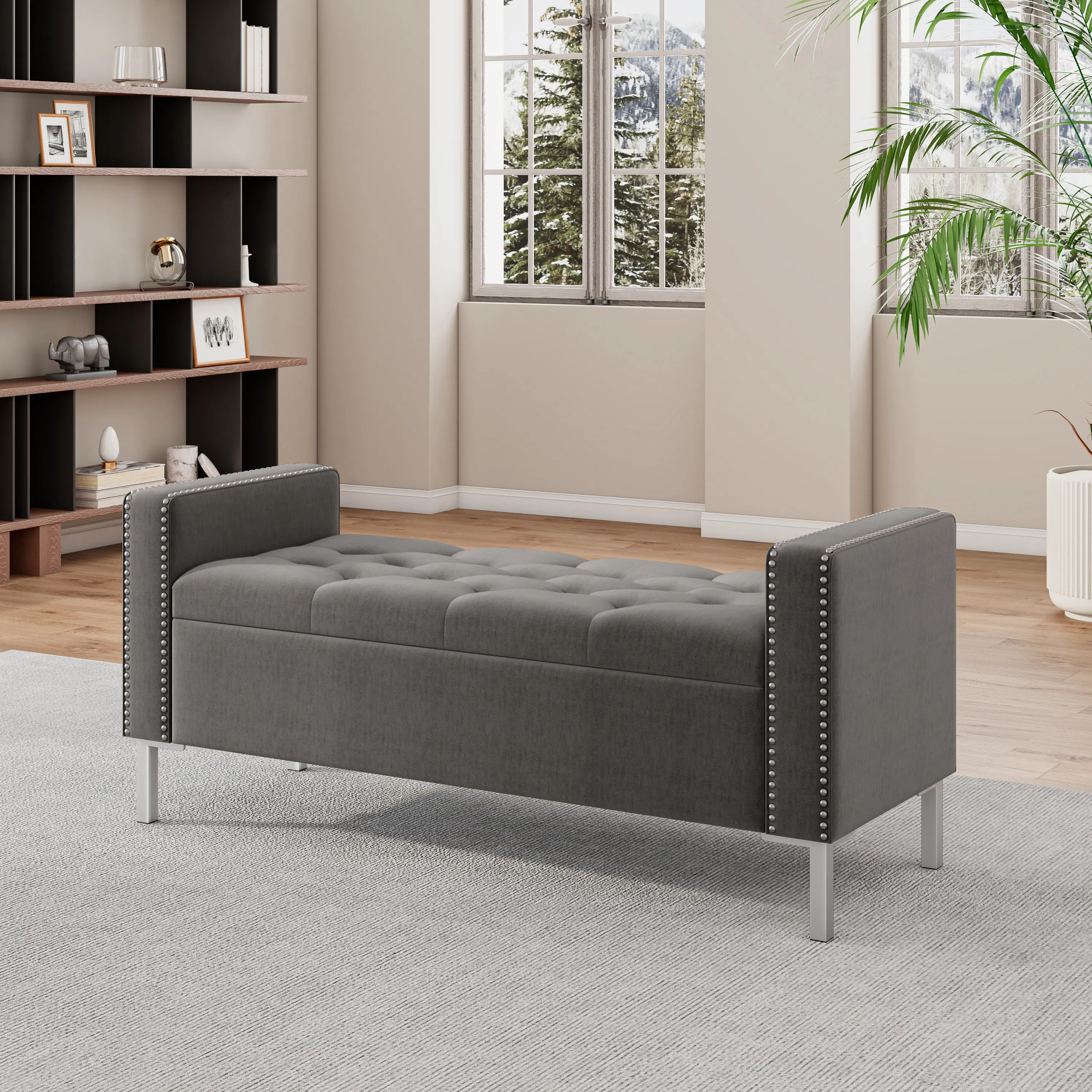 ARCH Square Arm Tufted Top Storage Bench Ottoman with Pewter Nailhead Trim Plush Velvet Charcoal Gray Entryway Hallway Living Room Footrest Seat with Hidden Storage Compartment, Home Furniture and Household Product Search Terms for US Online Shopping