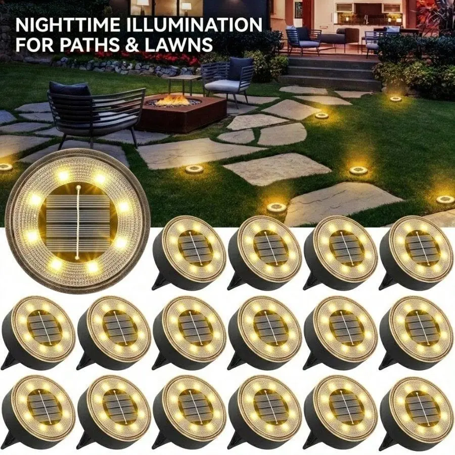 8 Pack Modern Solar Ground Lights, IP68 Waterproof LED Disc Lights with Auto Switching, for Decks Patios, Pathway, Lawn - Warm White