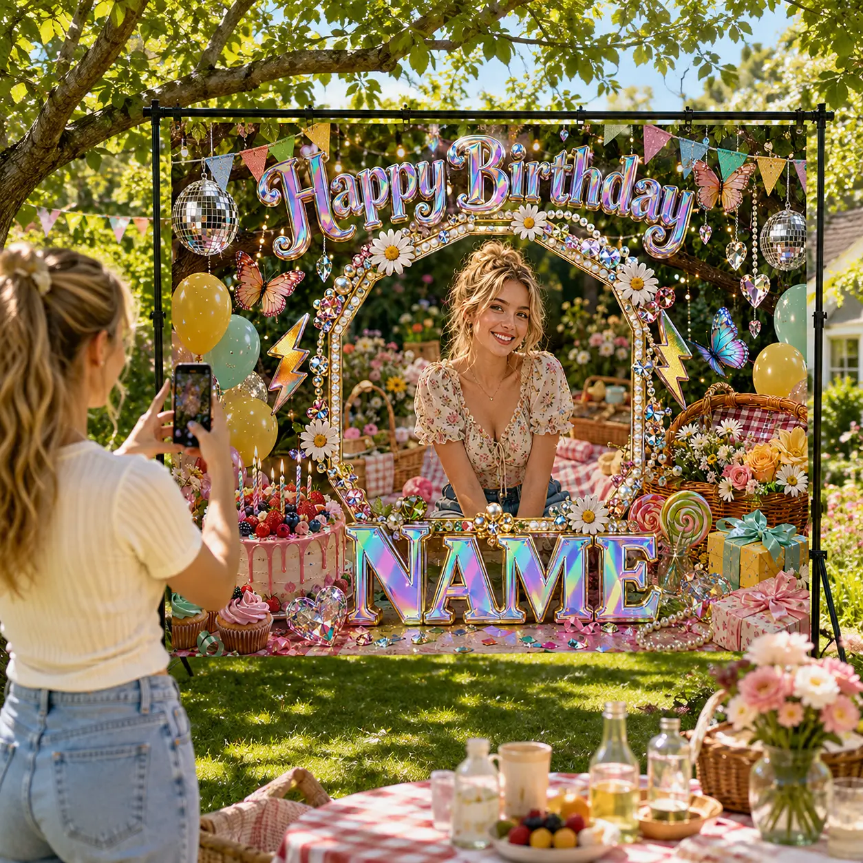 Personalized Garden Birthday Backdrop - Customizable with Photo, Name, Daisies, Butterflies, Cake, Picnic Elements, Flowers - Festive Party Decor Banner for Home Supplies Floral Ornaments