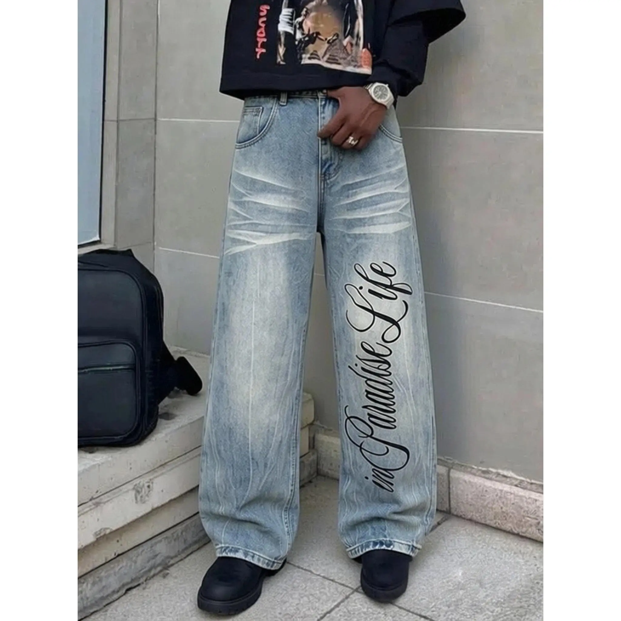 Men's High Cotton Vintage Washed Wide Leg Jeans, Large Cursive Paradise in Life Letter Print Distressed Baggy Denim Pants, Y2K Hip Hop Streetwear Loose Fit Casual Everyday Denim Trousers for Men
