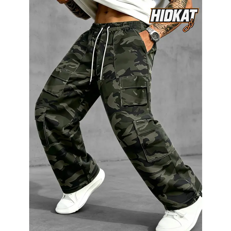Men's Loose-Fit Grey Camo Nylon Cotton Streetwear Joggers - Running Pants with Multi-Side Flap Storage Pockets, Flexible Drawcord Waistband, Toggle Ankle Fasteners, Ankle Length, Cold Wash Suitable for Outdoor Adventures