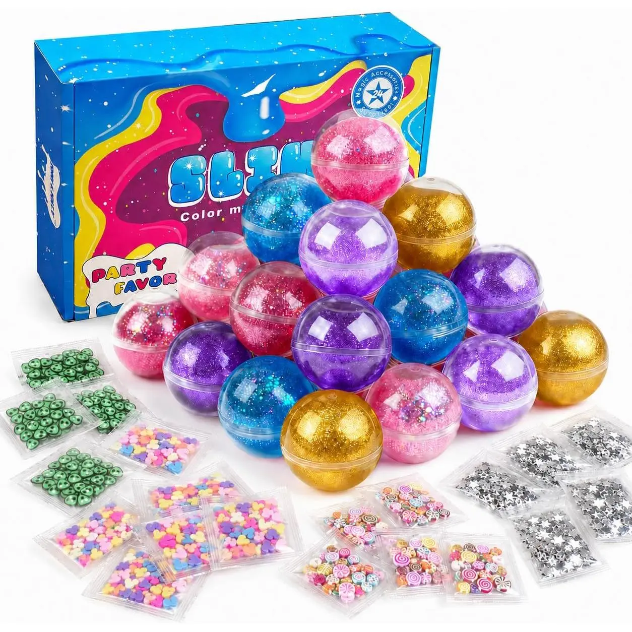 24 Pack Slime Kit for Girls 8-12 with Sequins, Bulk Slime Party Favors | Individual Packaging; Mess-Free Fun; Come With Sparkly Mix-ins; Stretchy, Non-sticky; Perfect Birthday & Classroom Prizes