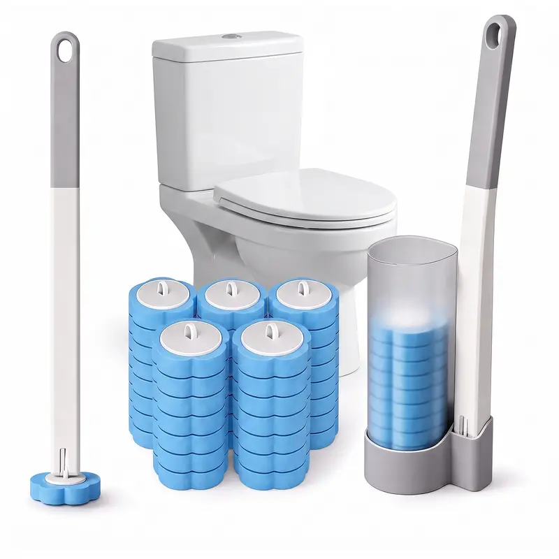 Disposable Toilet Cleaning System Kit with 12/24/36 Plastic Multiple Refills, Rotatable Handle Sponge Scrub Brush, Wall-Mounted Organizer Caddy, Fragrance-Free Low-Foaming Cleaning Supplies for Daily Use