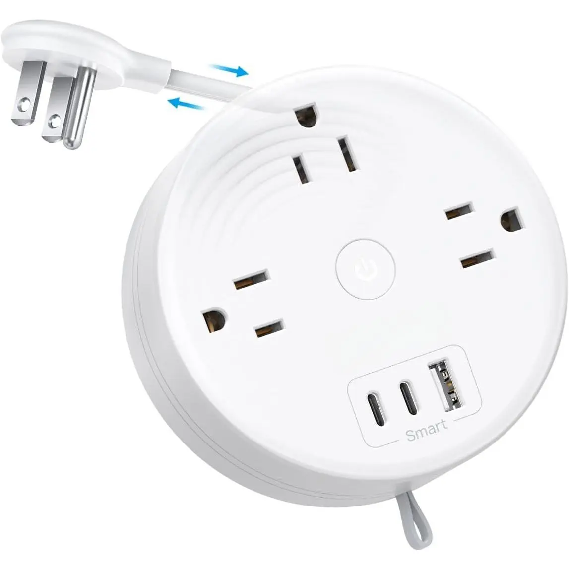 Travel Power Strip, Retractable Extension Cord 5ft, Cruise Essentials | Retractable Power Strip with 3 AC Outlets 3 USB Ports (2 USB C), Ultra Thin Flat Plug, for  Hotel Dorm Room, White