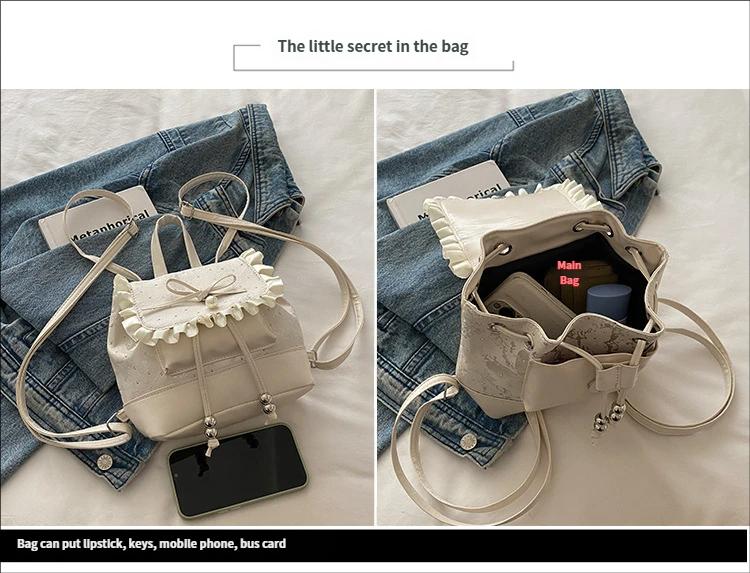 Polka Dot Lace Bow Mini Backpack for Women, Cute Coquette Y2K Bucket Bag, Lightweight Small Backpack with Adjustable Straps, Aesthetic School Travel Daily Outfit Bag for Girls & Teens