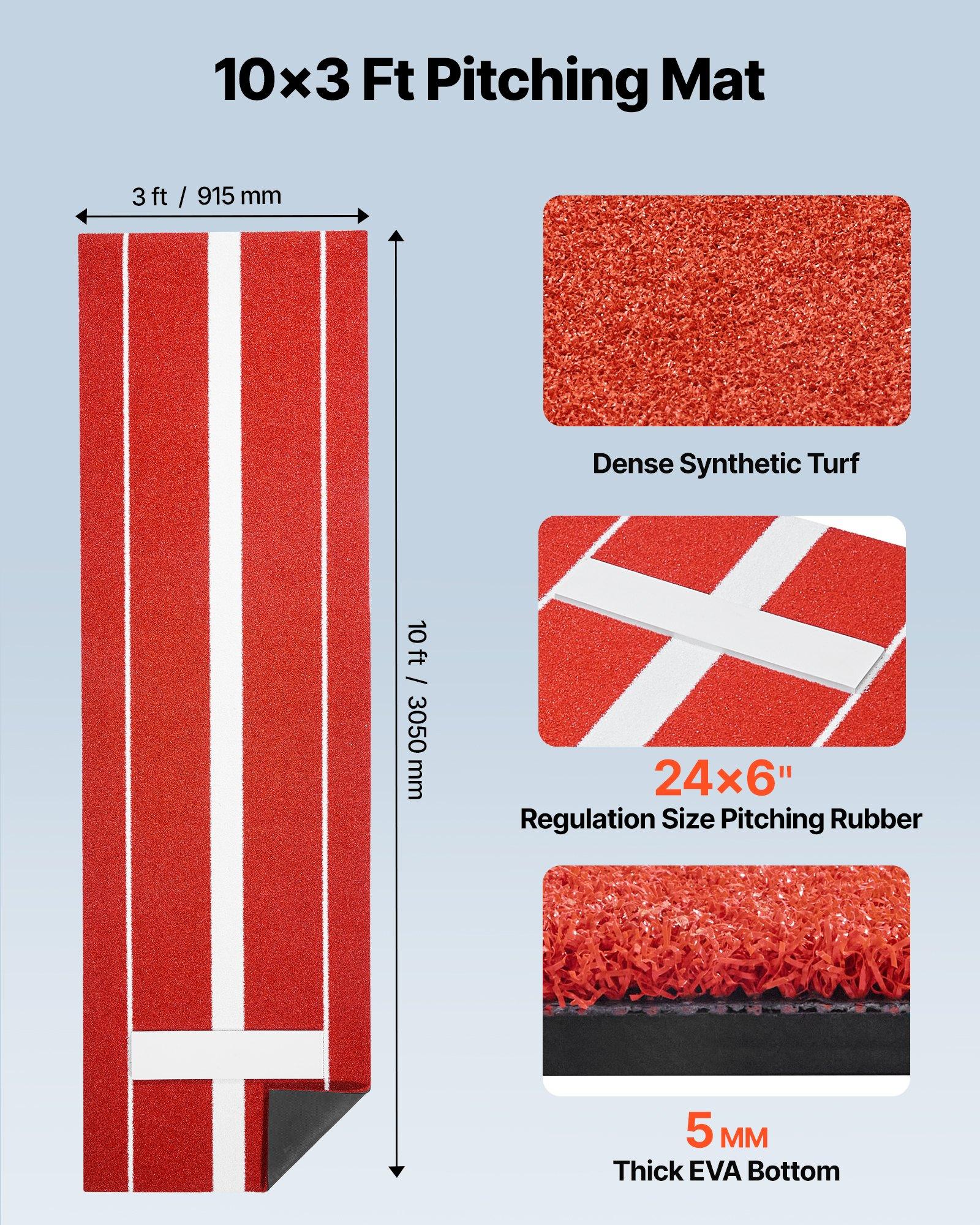 VEVOR Softball Pitching Mat, 10x3 ft Baseball Pitching Rubber Mound, Antifade Turf and Antislip Foam Backing Portable Training Aid, Fastpitch Equipment for Pitchers Indoor Outdoor Practice, Red