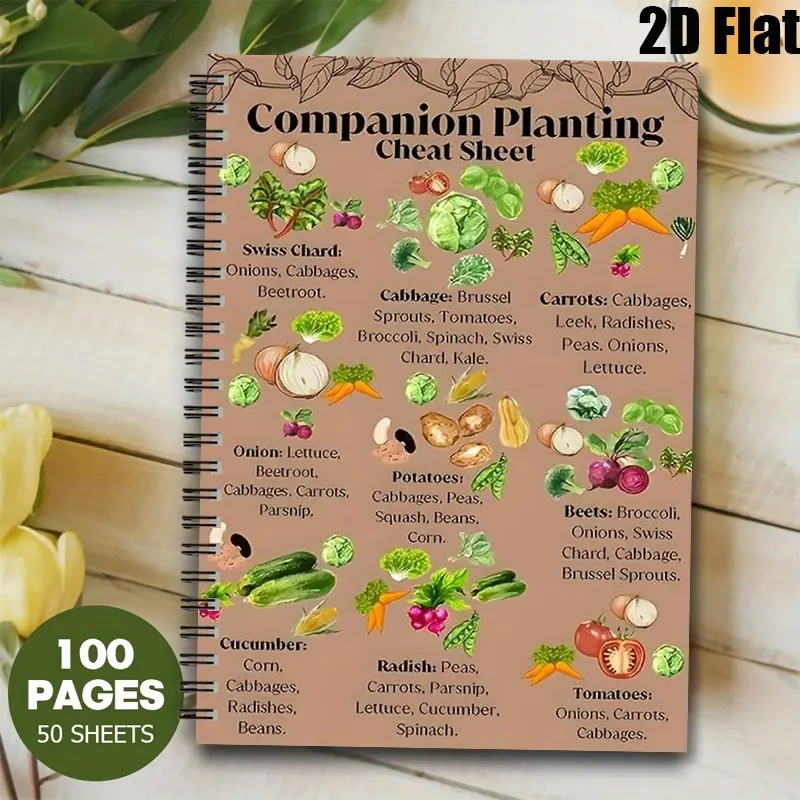 1 Pack Companion Planting Spiral Notebook, 5.7x8.26 Inch, Gardening Guide Cheat Sheet Cover, Durable Coil Binding, Garden Planning Journal for Spring Planting, Vegetable Growing Notes, Gift for Gardeners on Mother's Day & Christmas [2D] Flat