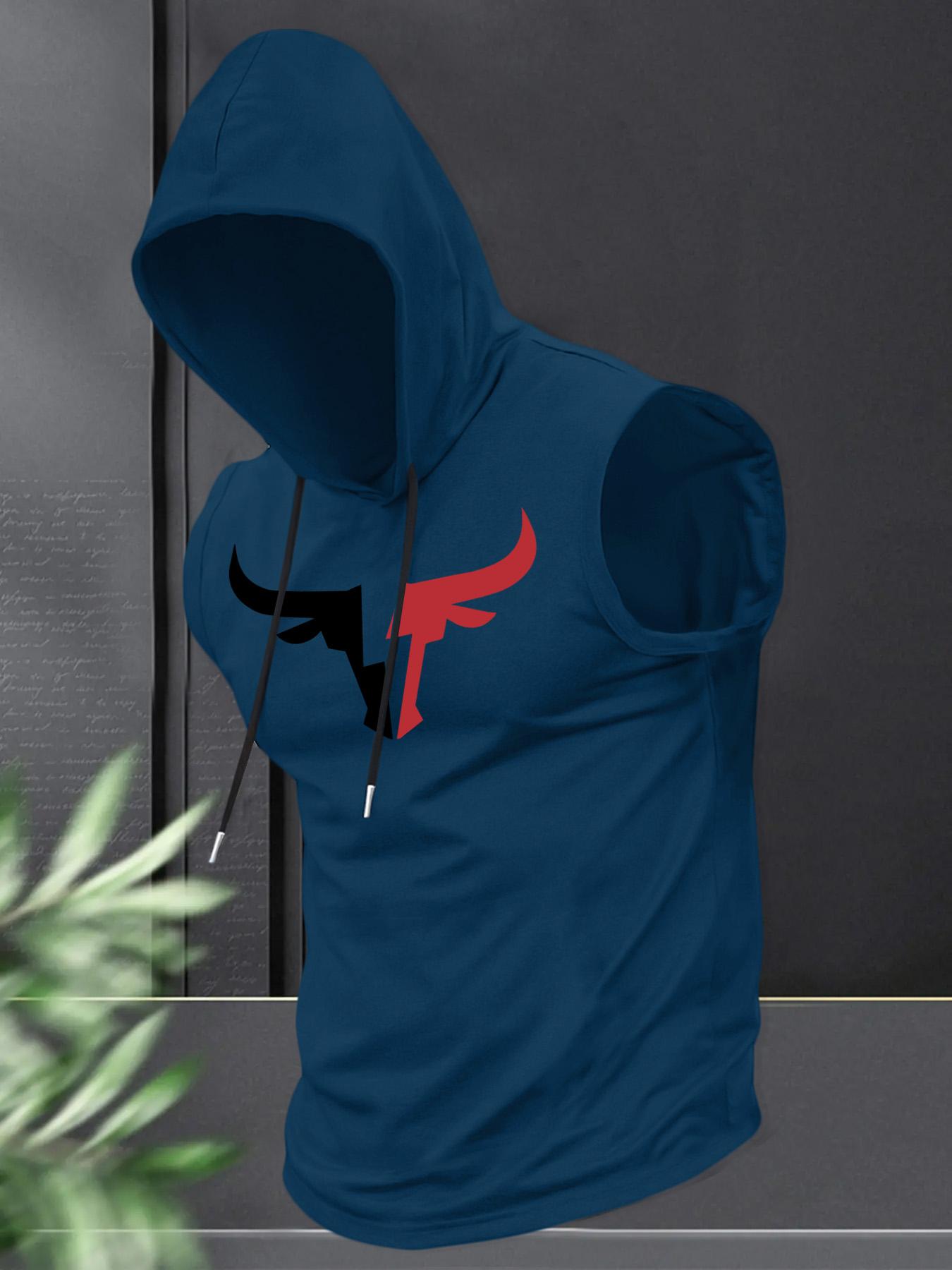 Men's Regular Fit Cartoon Bull Head Print Hooded Tank Top, Casual Fashion Sleeveless Top for Summer, Men's Clothes for Daily Wear, Sweatshirts