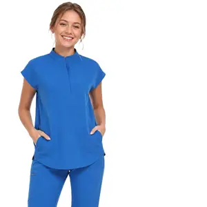 Women's Half-Zip Mandarin Collar 4-Way Stretch Nurse Scrubs Top with 2 Hidden Side Pockets, Deep Secure Pockets - Basic, Loose Minimalist Sleeves, Breathable Durable Easy-Care Workwear Clothes, Royal Blue