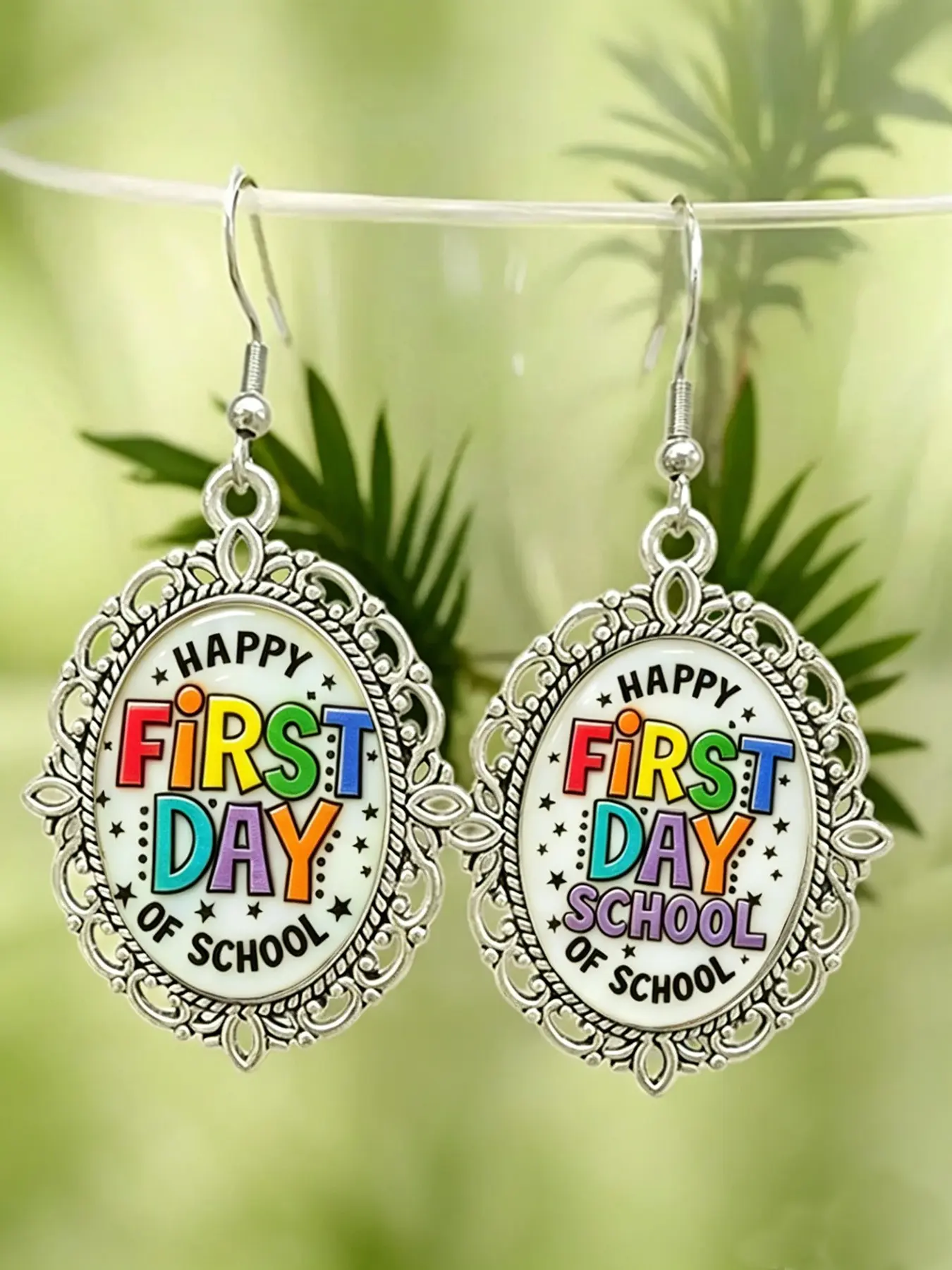 Happy First Day School Glass Dangle Earrings Teachers Students Retro Oval Frame Colorful Letter Statement Back To School Jewelry