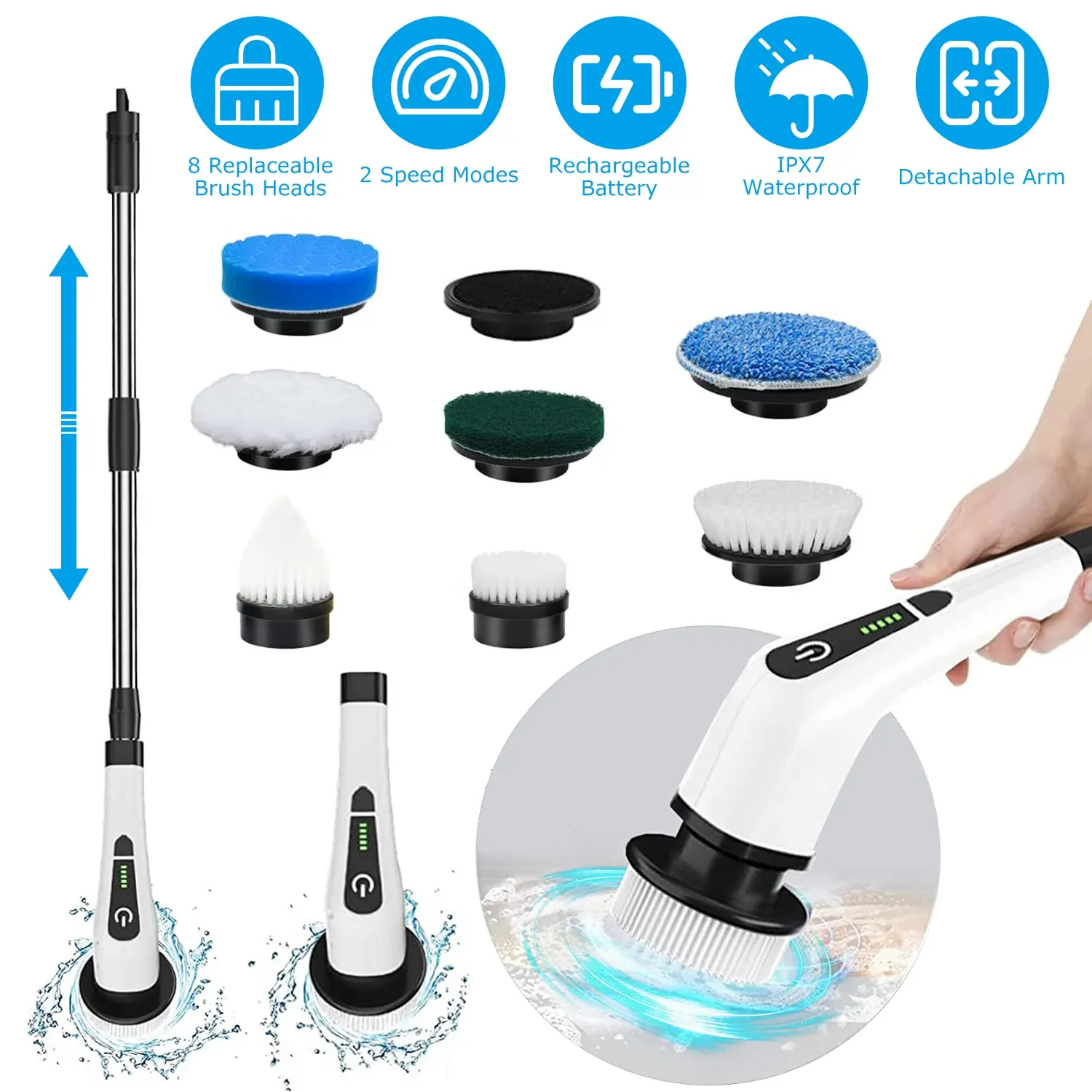 1Pc Cordless Electric Spin Scrubber Rechargeable Telescopic Cleaning Brush 2 Speed Adjustable 8 Replaceable Brush Heads Extension Arm Waterproof Cleaner for Bathroom Tub Tile Floor