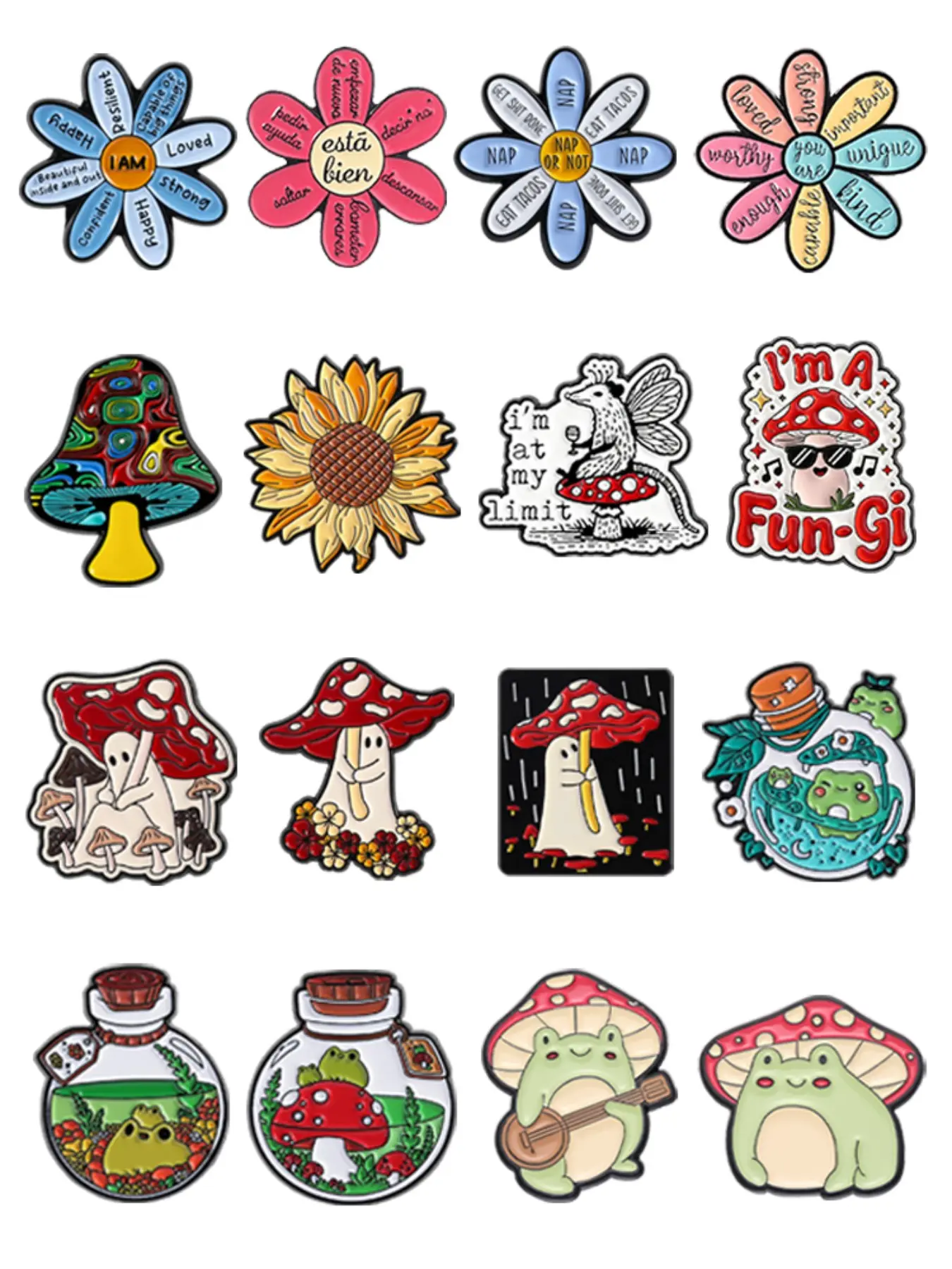 16pcs/set Psychedelic Mushroom Enamel Pins Weird Fly Agaric Drifting Bottle Frog Sunflower Daisy Flower Alloy Brooches Lapel Backpack Badge Fashion Jewelry Accessories Gifts for Friends