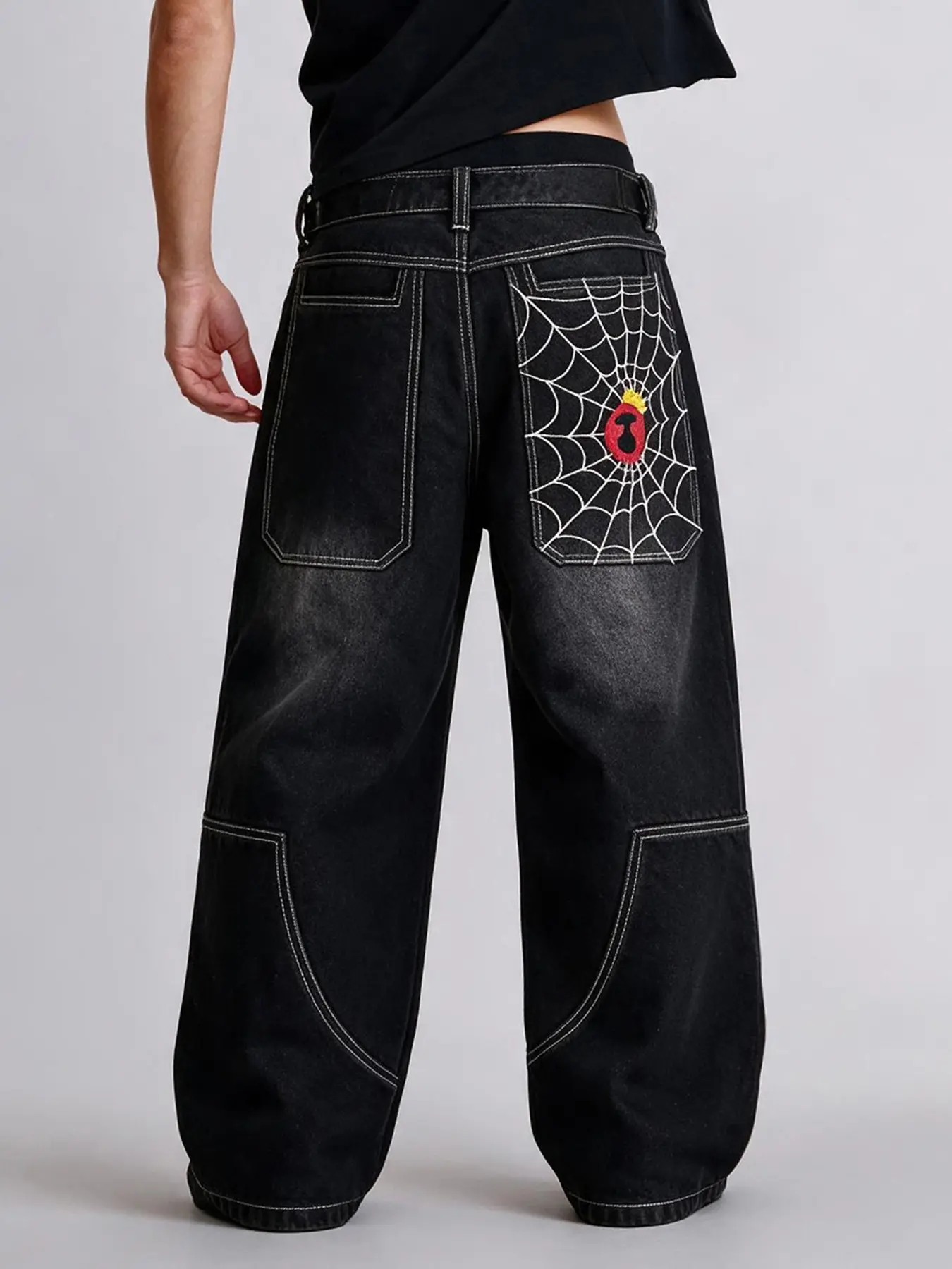 Men Non‑Stretch Denim Jeans, Black Wide Leg Baggy Jeans, Spider Web Pattern Embroidery On Back Pocket, Loose‑fit Denim Trousers For Street Outfits