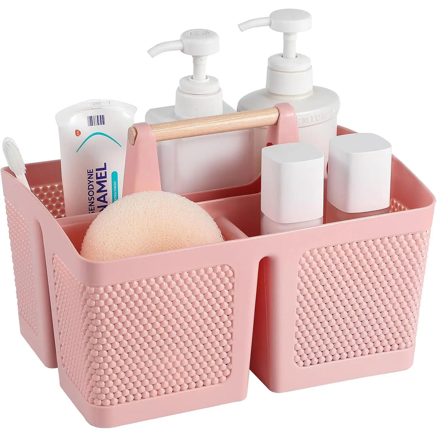 Portable Plastic Shower Caddy Organiser with Bamboo Handle, Pink Portable Basin Shower Accessories for Modern Bathing Style