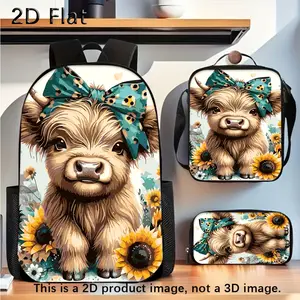Highland Bull 3-Piece Functional Bag Set - Backpack, Lunch Bag, Pencil Case, Large Capacity, Lightweight, Adjustable Shoulder Straps, Zippered Closure, Ideal for School Commuting