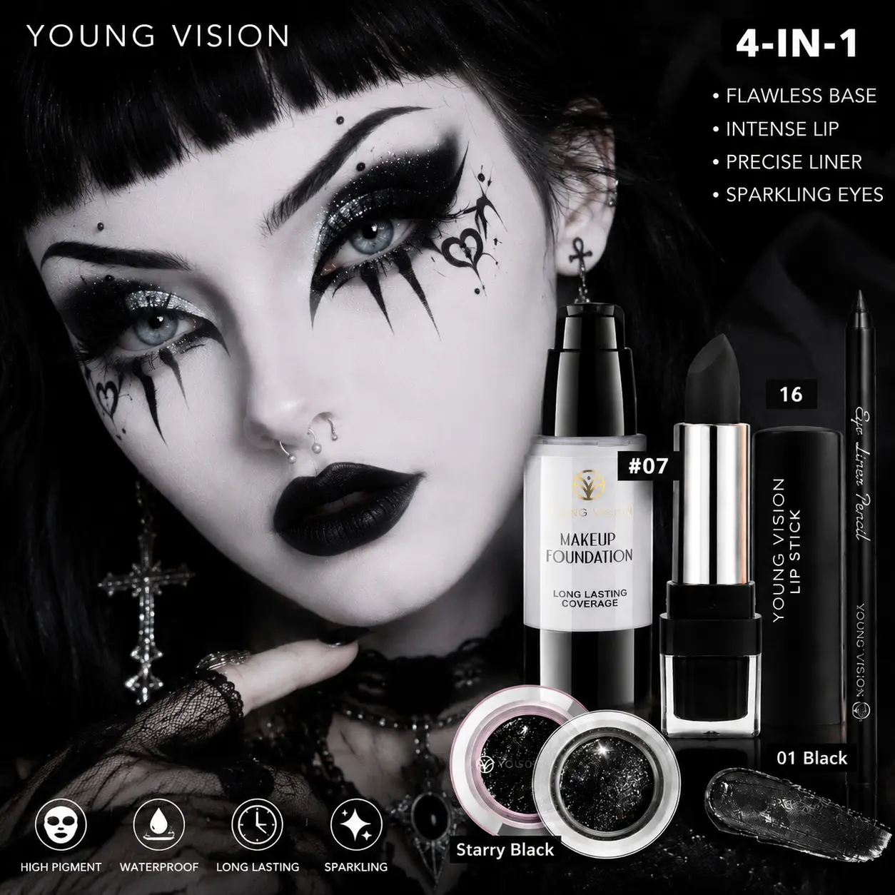 4pcs Halloween Facial Makeup Combination Set, Gothic Style Black Lipstick Eye Shadow Eyeliner Pen White Foundation Make-up Makeup Set, Suitable for Halloween Carnival Party Makeup