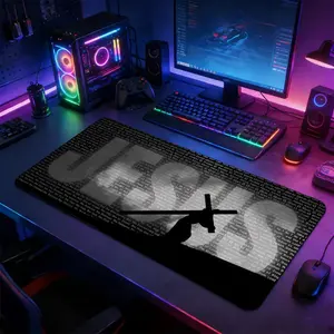 JESUS Text & Cross Silhouette Large Gaming Mouse Pad, Non Slip Mousepad, Non-Slip Rubber Base Stitched Lock Edge Desk Mat, Devotional Religious Art Design, Durable for Home & Gaming Setup, Gift for Faith & Christian Fans