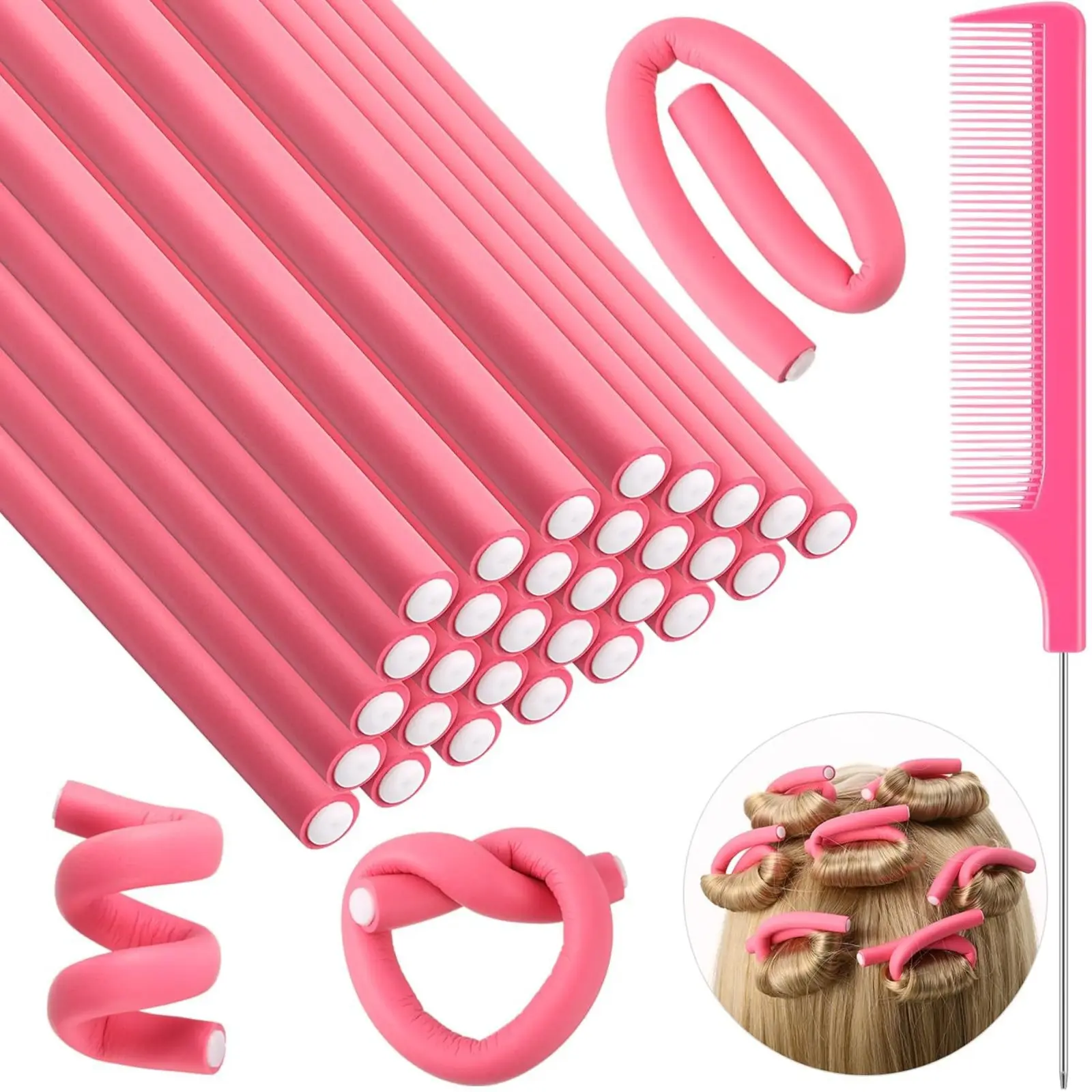 30 Pcs Heatless Hair Curlers, Flexible Foam Rollers for Short, Medium & Long Hair, No Heat Bendable Curling Rods, Soft Sleep-in Rollers, Pink
