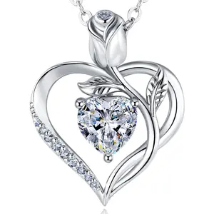Rose Heart Necklace Option of Moissanite or Lab-Grown Sapphire Ruby Emerald&More Necklace for Women Birthstone Girlfriend Necklace S925 Sterling Silver 18K White/Rose Gold Plated D Color VVS1 Gift for Wife Mother Daughter for Birthday