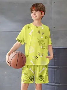 Boys' Bright Tropical Element Set, Summer Short Sleeve Shorts Two-Piece, Casual Asymmetrical Design, Loose-Fitting, Medium Length