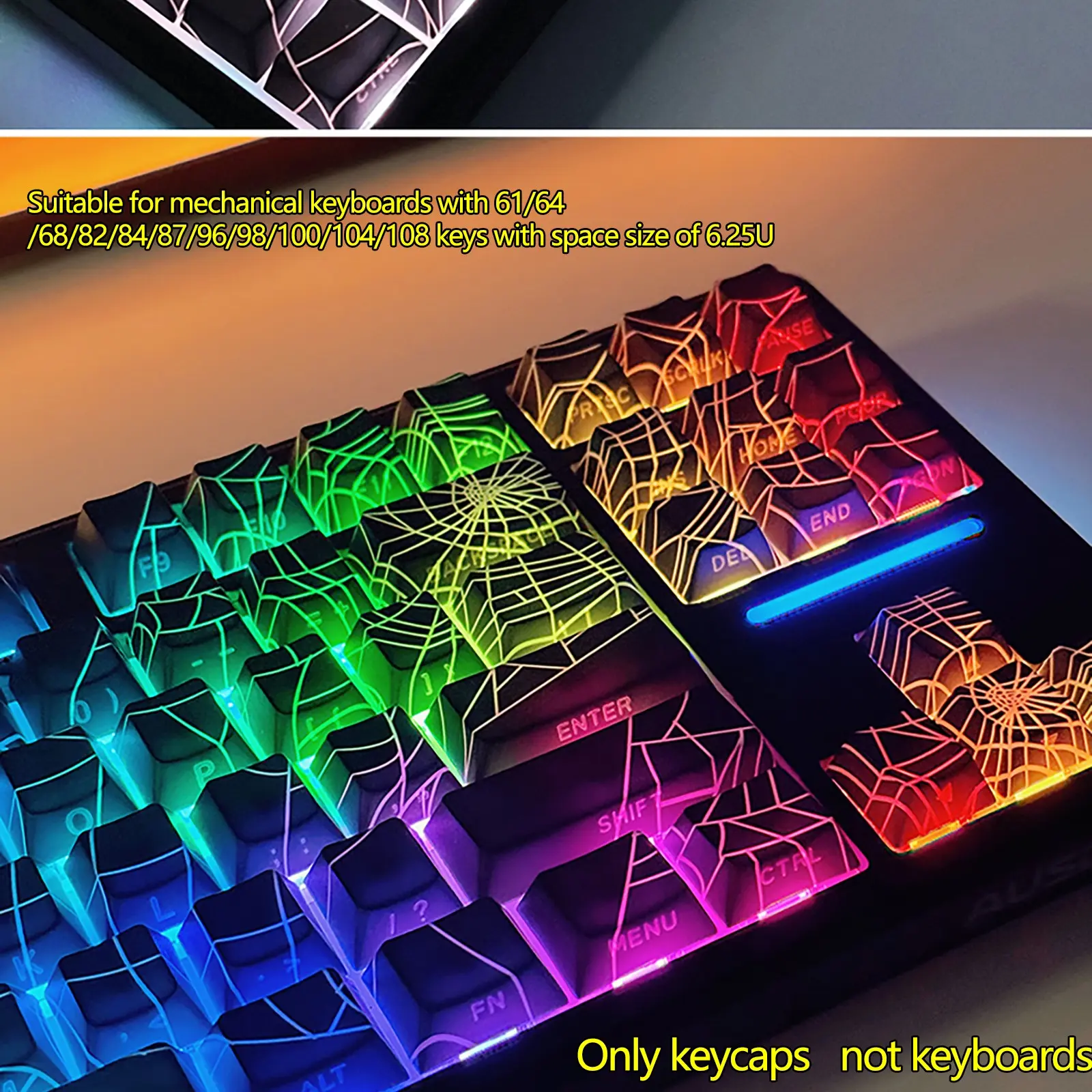 Spiderweb Keycaps Set, Side Print Translucent Backlit Pbt Keycaps for 60%, 61, 64, 65, 68, 87, 96, 100, 104, 108 Keyboards, Gothic Style
