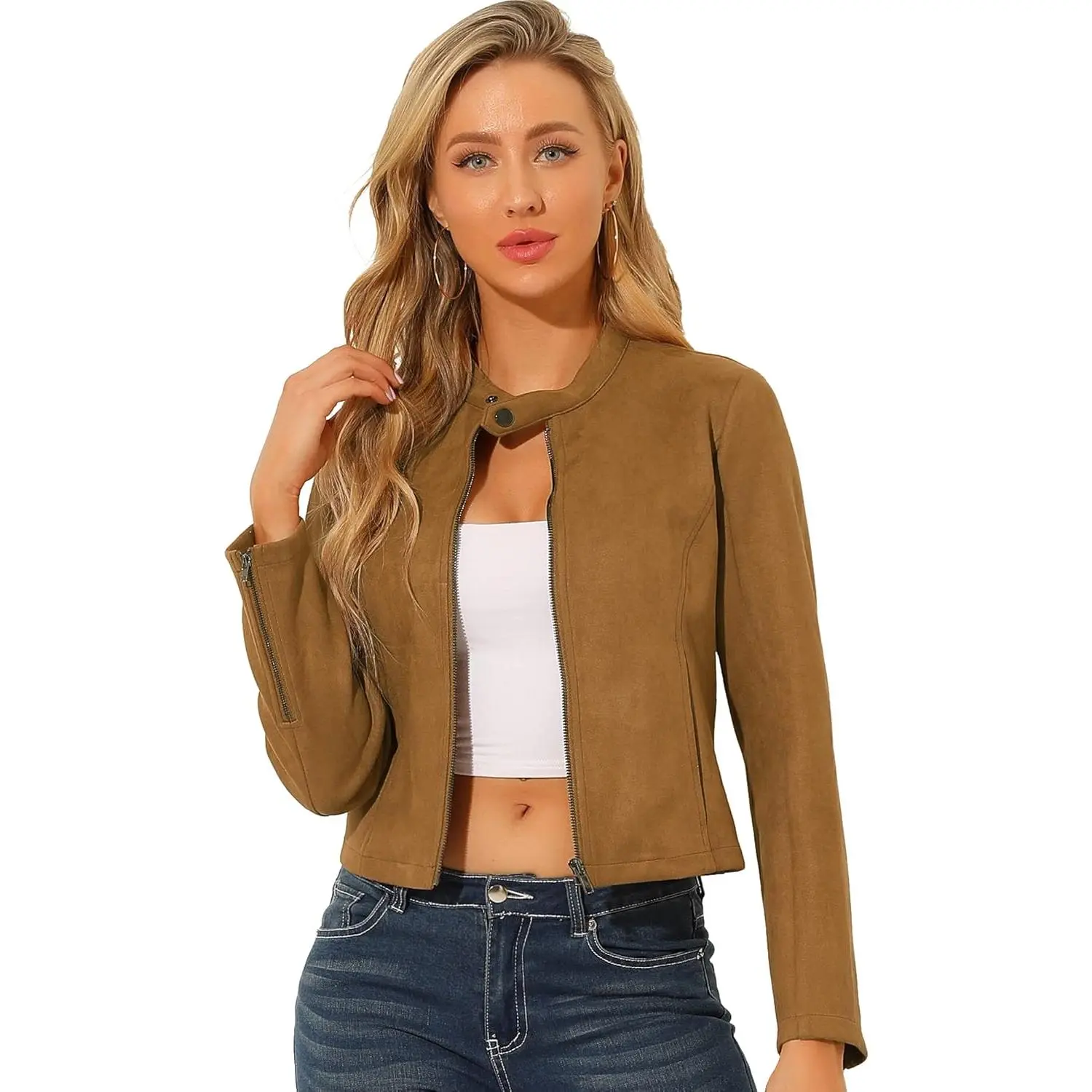 Women's Faux Suede Jacket Stand Collar Zip Up Long Sleeve Motorcycle Biker Coat