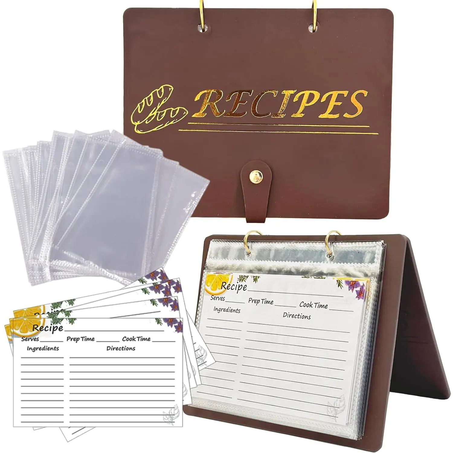Recipe Binder with Plastic Sleeves, Stand Up Recipe Book Binder for Recipe Cards 4x6, Recipe Organizer Kit Blank Cook Book for DIY Recipe Cards and Clear Sheet Protectors (Brown/, for 30 Cards)