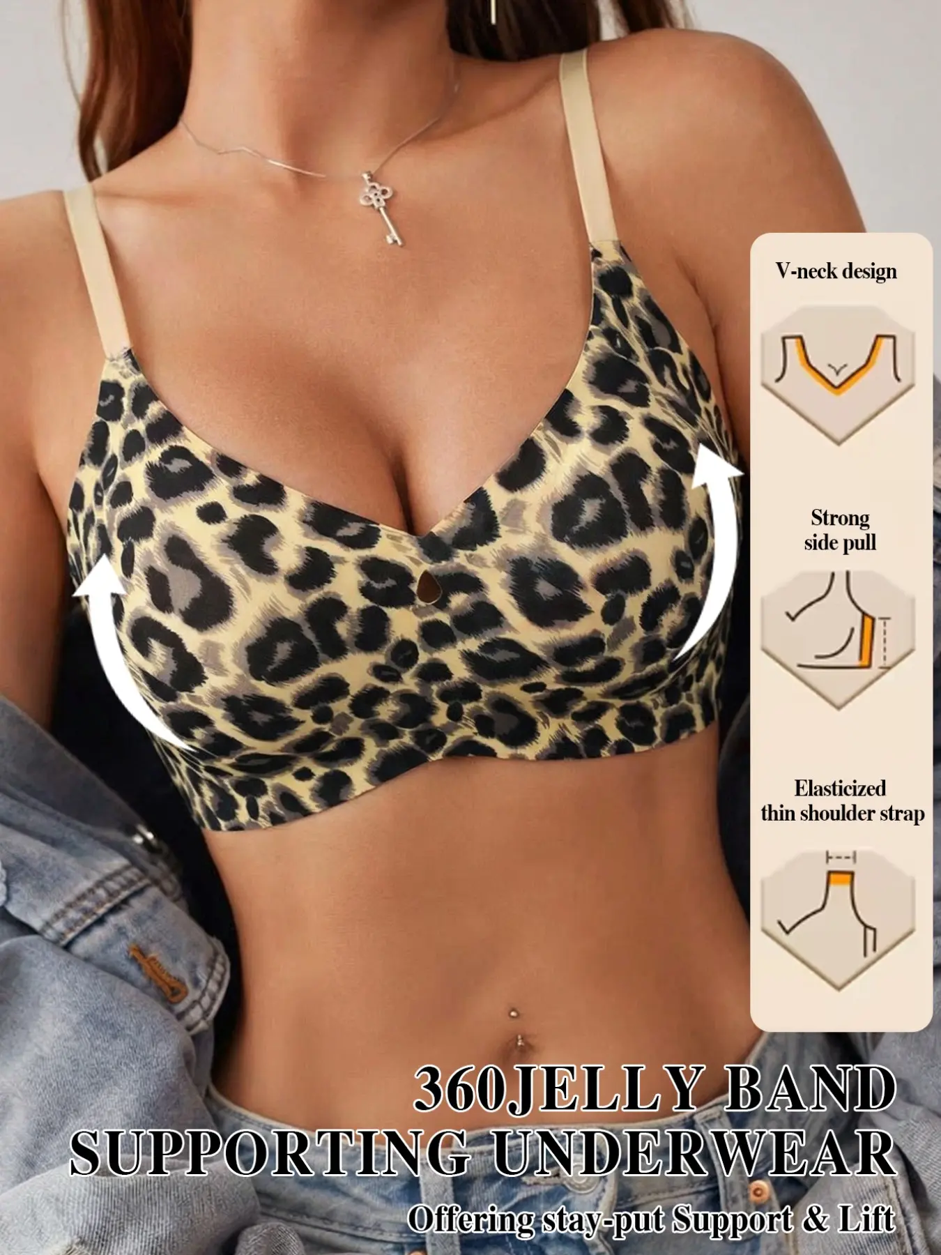 V-Neck Water Drop Cup Bra Without Underwire, Seamless Skin-Friendly Adjustable Straps, Fit, Multi-Color Choice, Daily Wear Basic Lingerie, Underwear, Leopard Print
