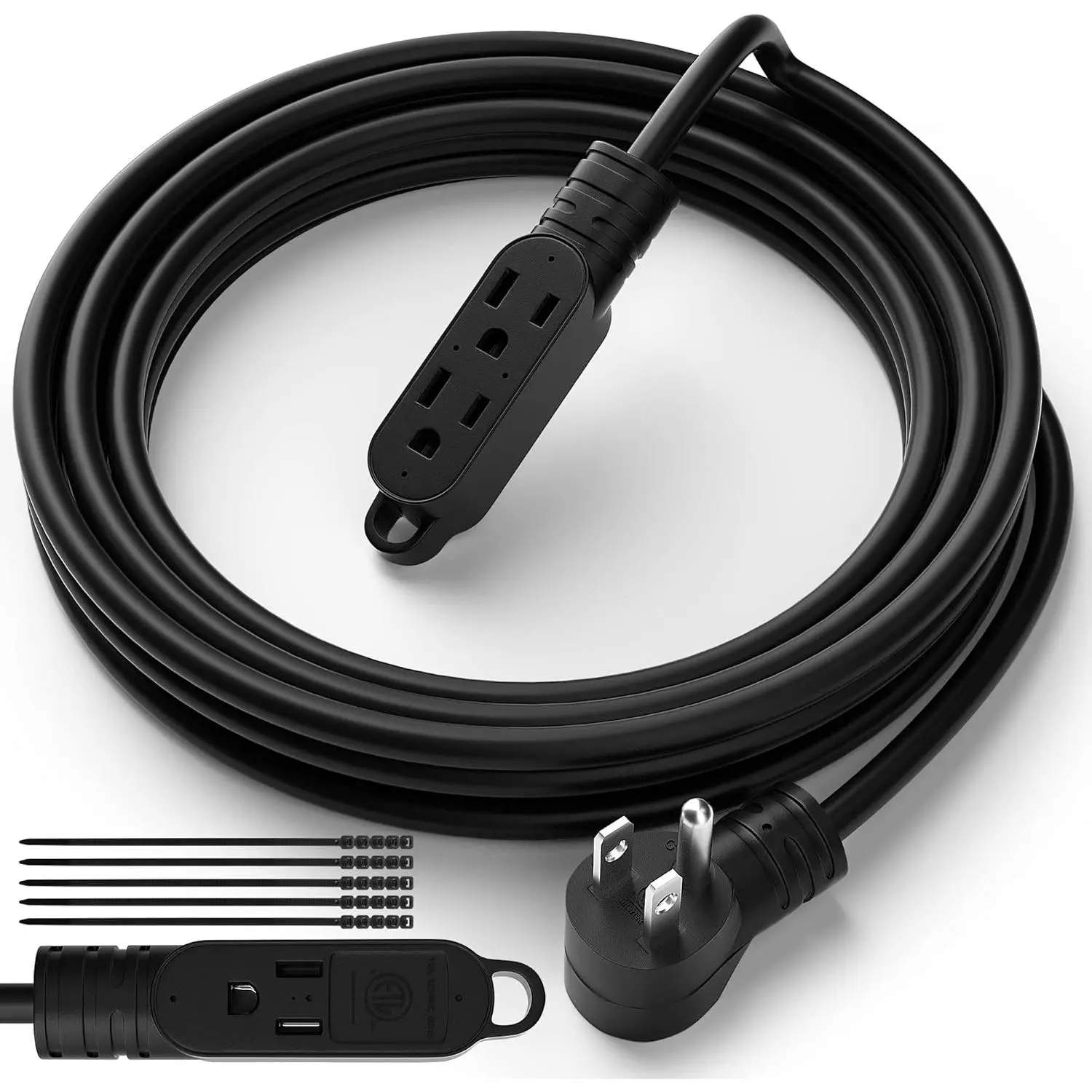3 Prong Power Extension Cord with Multiple Outlets 6 FT, 16/3 Gauge Multi 3 Outlet Wire, 90 Degree Angled Male Plug, 16 AWG Grounded Wire (13A 125V 1625W), ETL Listed, Black Cable with 25 Cable Ties