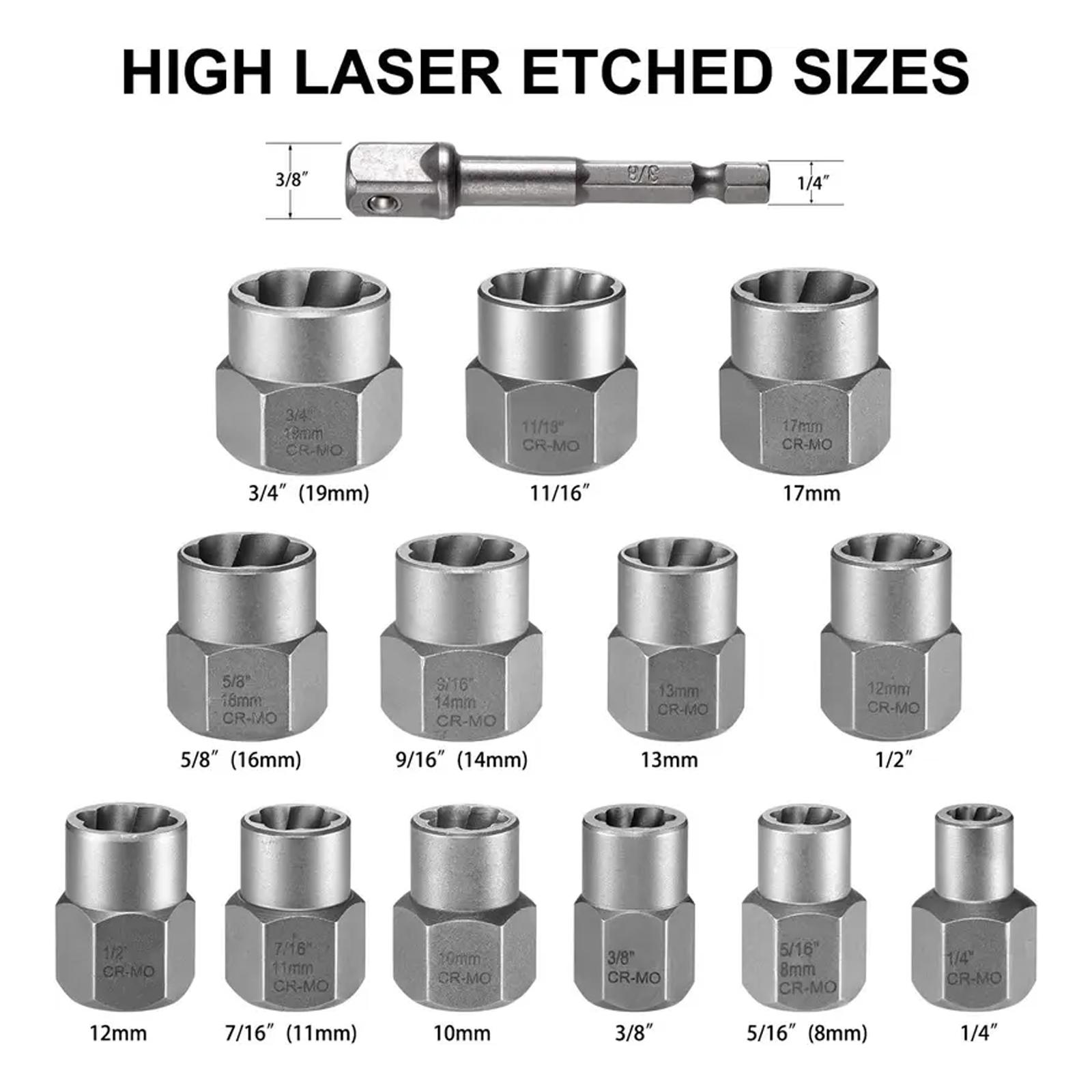14 Counts Bolt Extractor Tool Set,Impact & Nut Remover Stripped Lug Remover,Drive Rounded Bolt Remover for Removing Damaged,Frozen Universal Impact impact bolt