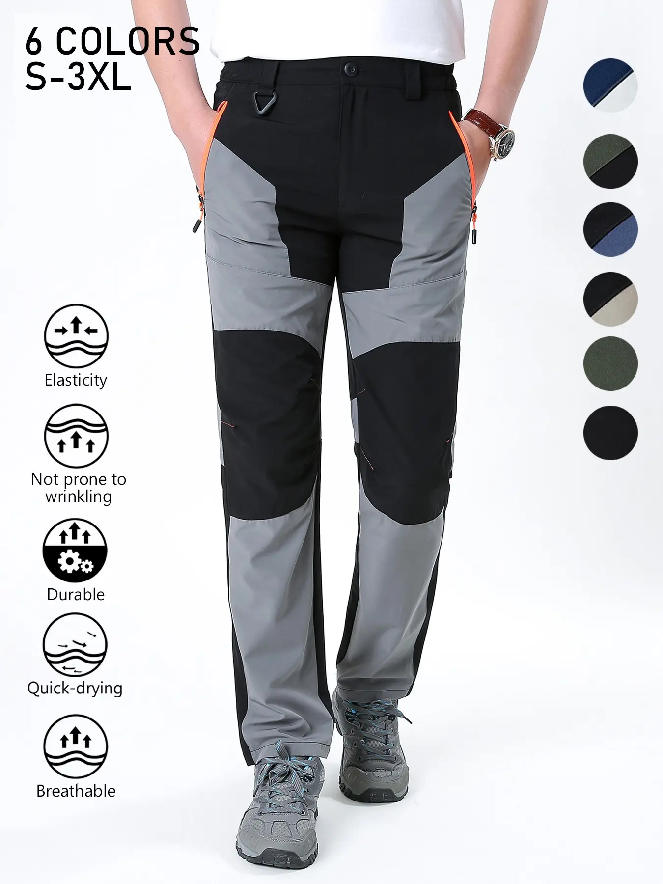 Men's Color Block Quick Dry Hiking Pants, Elastic Waist Breathable Stretch Outdoor Trekking Trousers, Wrinkle Resistant Durable Straight Pants with Zipper Pockets for Mountaineering Cycling Fishing Summer Sports Daily Wear, 6 Colors Available Sizes S-3XL