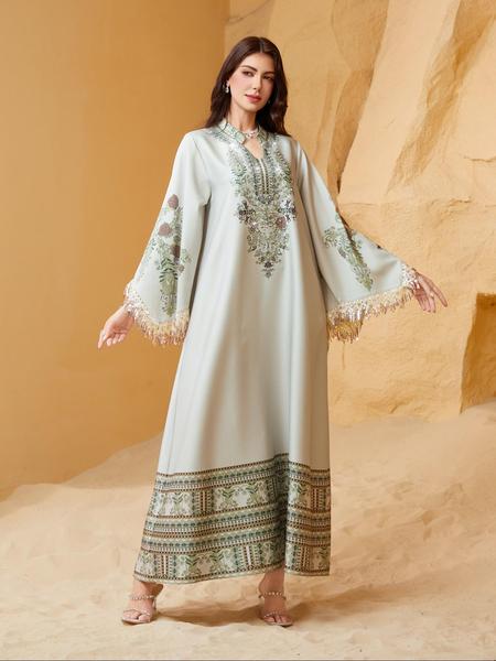 Women's Elegant Long Dress, Loose Fit Ethnic Print, Lace-Up Design, All-Season Wear, Perfect for Evening Occasions & Special Events