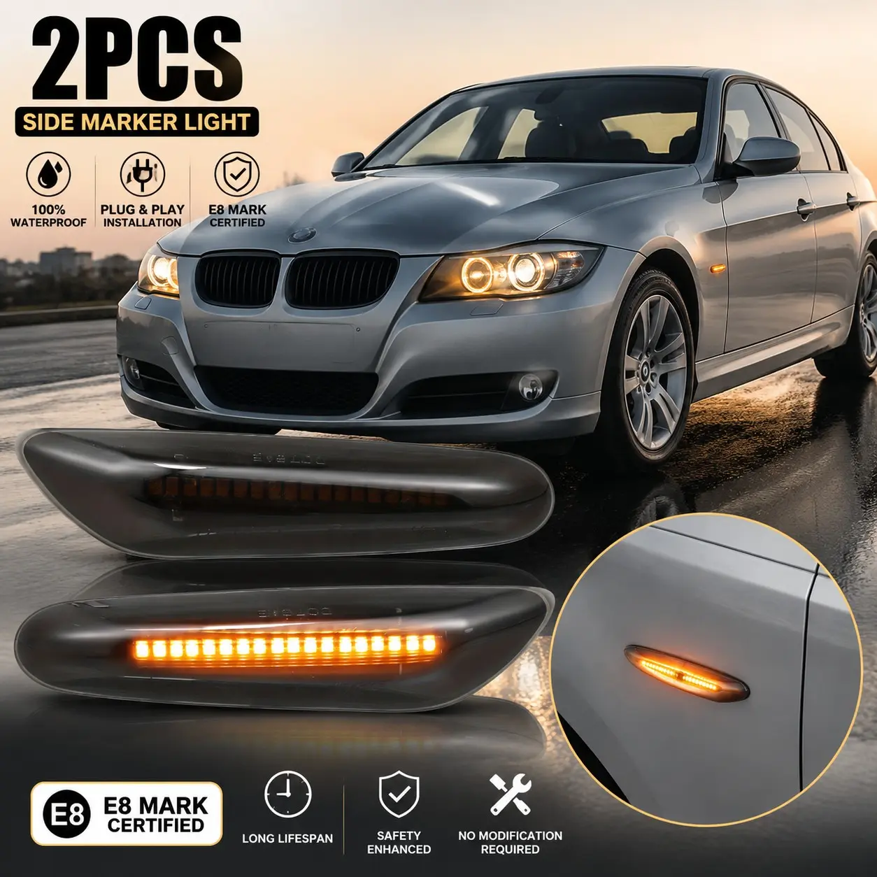 💡🚗BMW LED Side Marker Light 2PCS | Smoked Lens Amber Dynamic Fender Turn Signal Lamp | Waterproof E8 Certified Car Side Indicator Replacement | Direct Plug & Play Upgrade for BMW 1 Series 3 Series 5 Series X1 X3 E82 E90 E60 E84