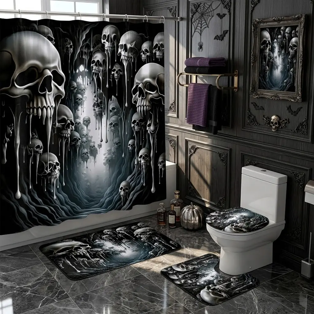 4pcs Dripping Skull Dark Cave Horror Shower Curtain Set with Toilet Seat Cover & Bathroom Mats,The floor mat fabric is thicker and softer!  Spooky Gothic Halloween Bathroom Decor Kit for Holiday Home Bathroom Styling