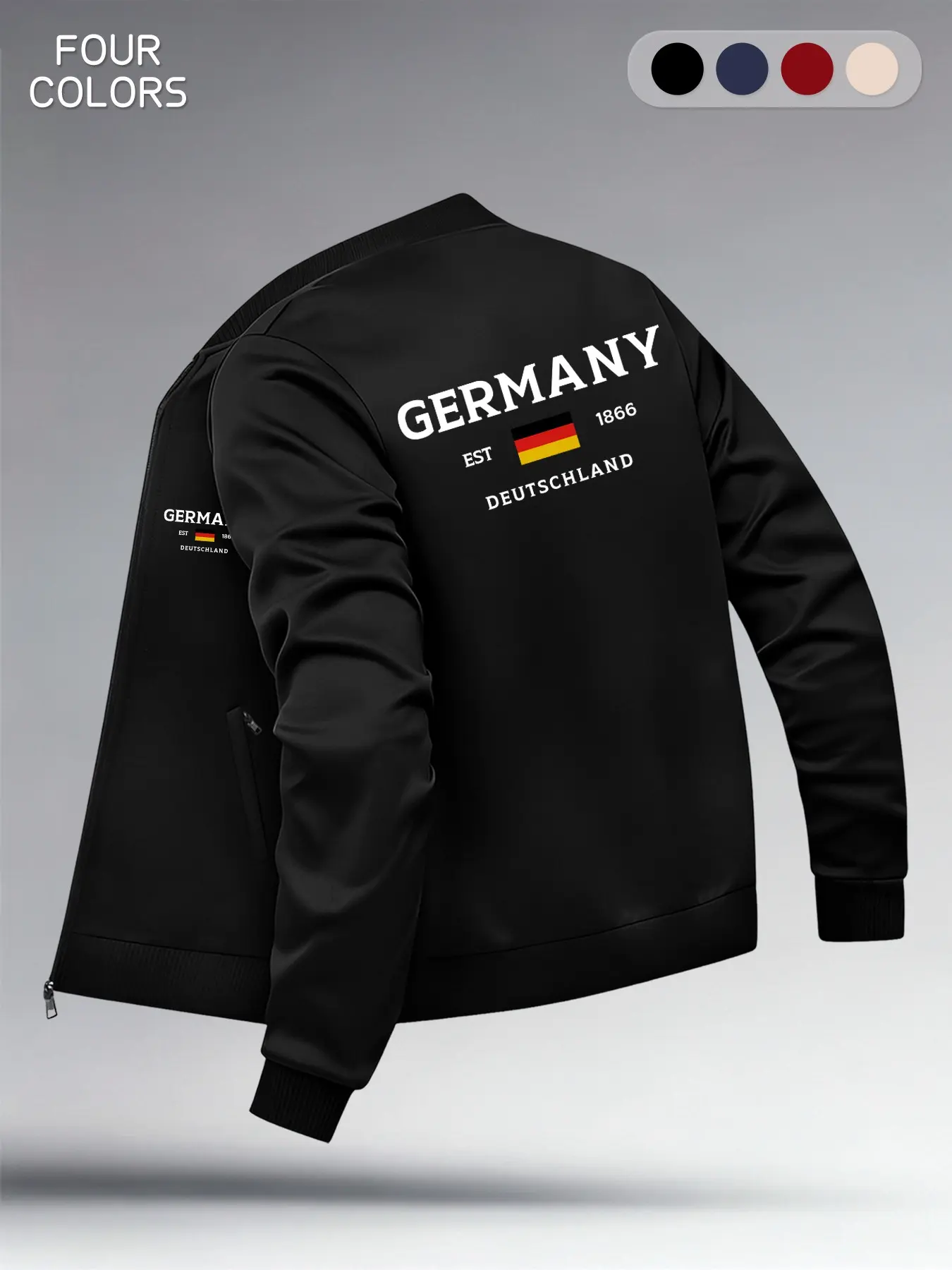 German Flag Print Baseball Neck Men's Jacket, Zipper Casual Outerwear, Four Colors Available, Spring Fall Winter Wear