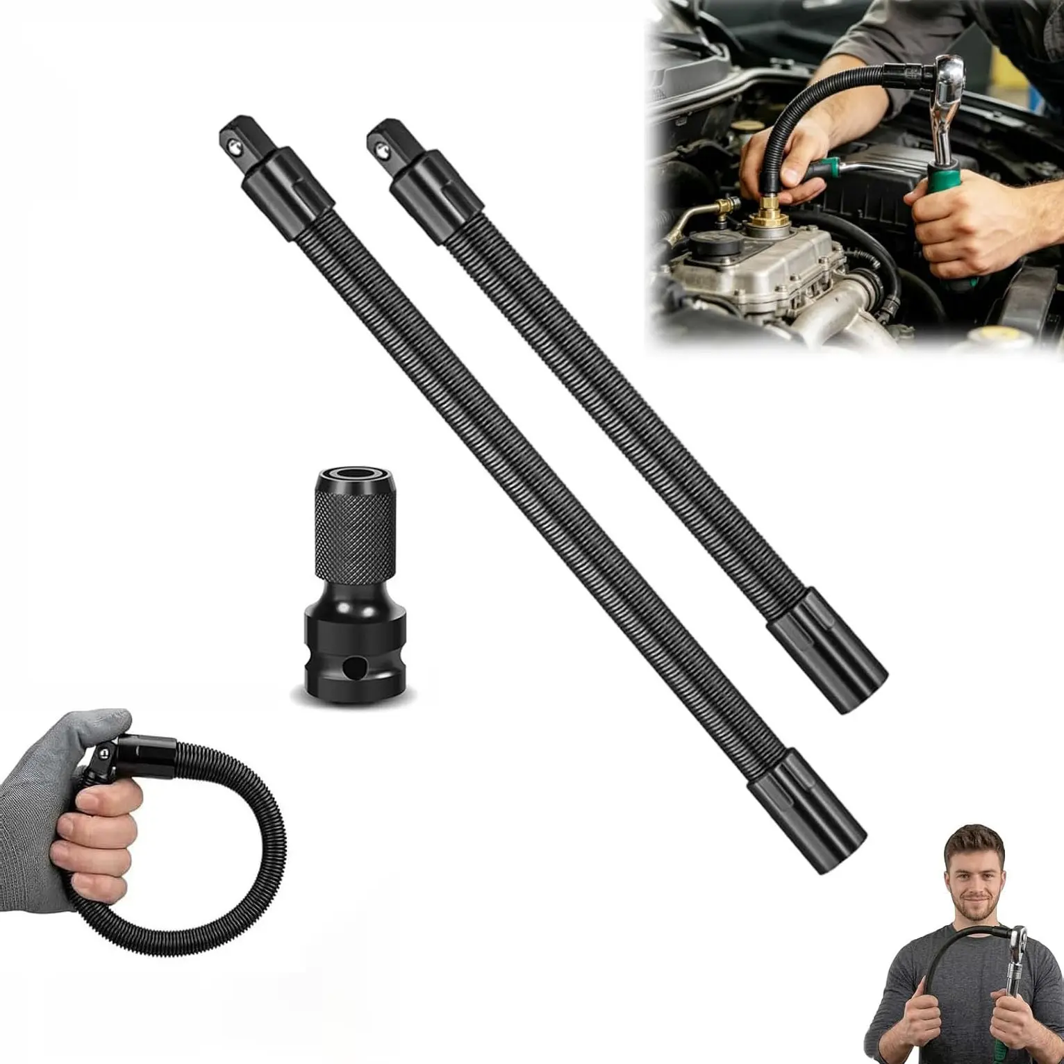 Universal 3-Piece Flexible Extension Set, 10'' & 14'' with Contraction Head, 1/2'' Square Drive, Car Repair Anti-Slip Socket Adapter, Wrench Extender Tool