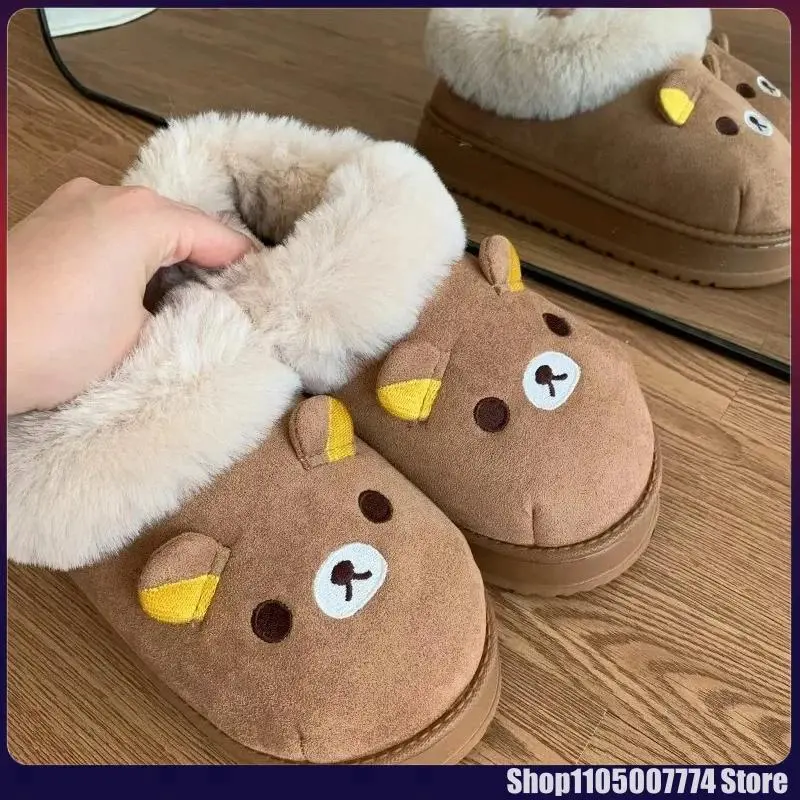 Kawaii Cute Bear Rilakkumas Wearing Cotton Shoes Outside Flat Closed-Toe Mules Cartoon Slippers Home Shoes Winter Couple'S Shoes