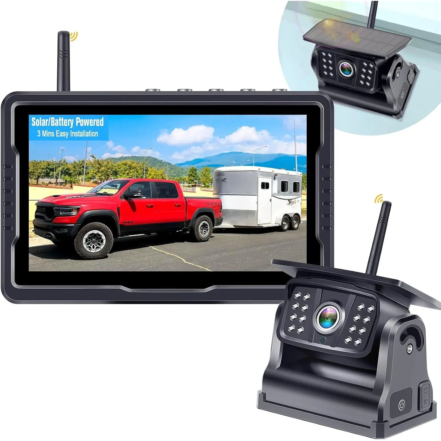 Backup Camera Solar : Portable Cordless Scratch-Proof   Hitch Rear View Camera  1080P No Wiring No Drilling Rechargeable 5''  Kit for  RV Camper -  R50