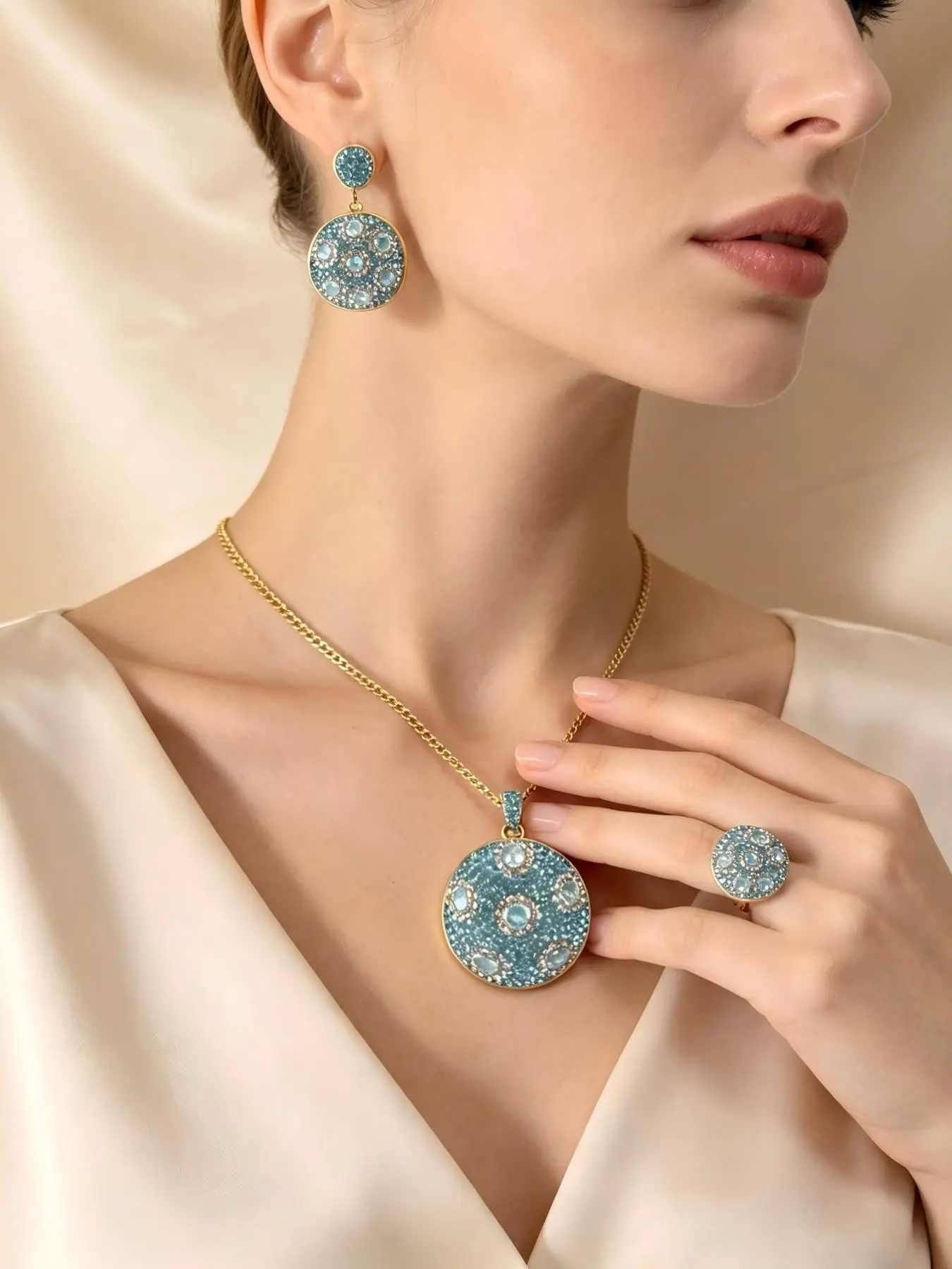 GS-Blue-001 Ocean Blue Full Rhinestone Round Disc Jewelry three-Piece Set,Luxury Bling Party Evening Dress Accessory Gift For Women