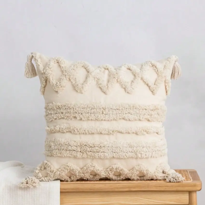 Elevate your space with Geometric Tufted Boho, Bohemian Style, Geometric Pattern Pillow Covers, Thick 3D Texture & Tassels, Room Refresh Must-Haves, Tufted Design, Tassel Detail, Bohemian (PILLOW COVER ONLY/No Insert)