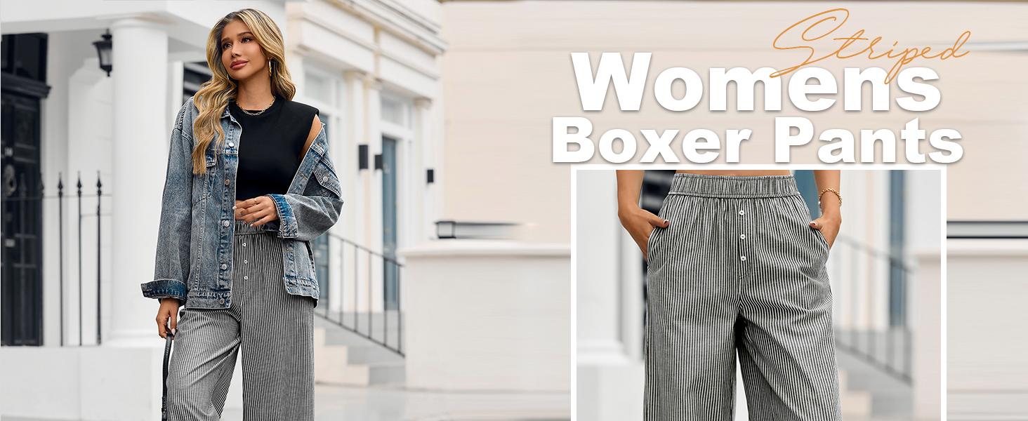 Danedvi Womens Boxer Pants Striped Lounge Pajama Bottoms Elastic High Waisted Wide Leg Trousers with Pockets Black Fabric