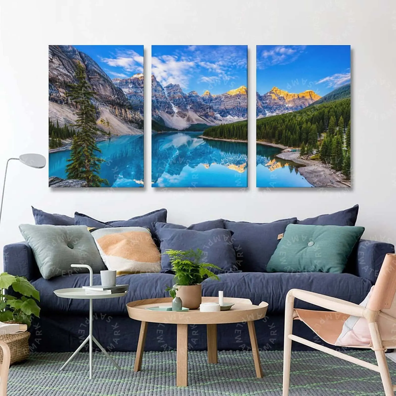 Mountain Lake Landscape Wall Art Canvas, Blue Nature Triptych Poster, Scenic Forest and Snow Peak Artwork, Living Room Decor, Bedroom Wall Art, Office Wall Decor, Modern Aesthetic Gift